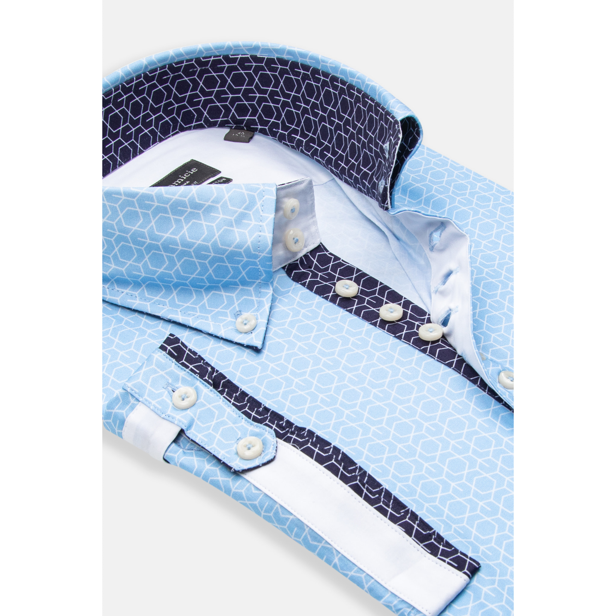 Camicia Uomo Manica Corta 2 Bottoni Button Down 7 Botto Popeline Stretch Stampato Celeste/Bianco