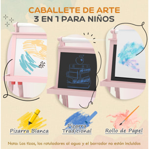 Pizarra Infantil Caballete 3 en 1 Pizarra Infantil de Doble Cara Magnética Caballete de Pintura para Niños con Rollo de Papel y Cestas de Almacenamiento 59x48x118 cm Rosa Palo