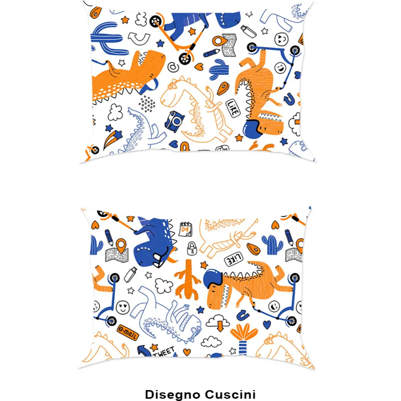 Parure Copripiumino Dino per letto singolo in 100% Cotone e Made in Italy, dinosauri divertenti