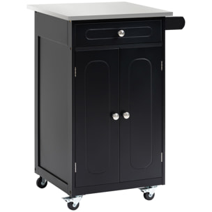 Desserte de cuisine multi-rangements 1 tiroir placard 2 portes avec étagère porte-torchons MDF noir acier inox.