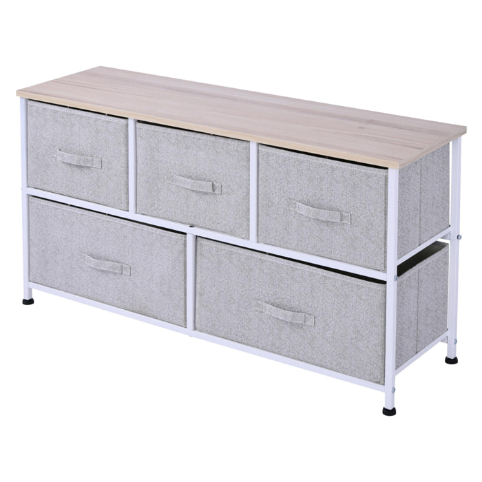 Commode meuble de rangement dim. 100L x 30l x 54H cm 5 tiroirs non-tissés gris structure métal blanc plateau MDF bois clair