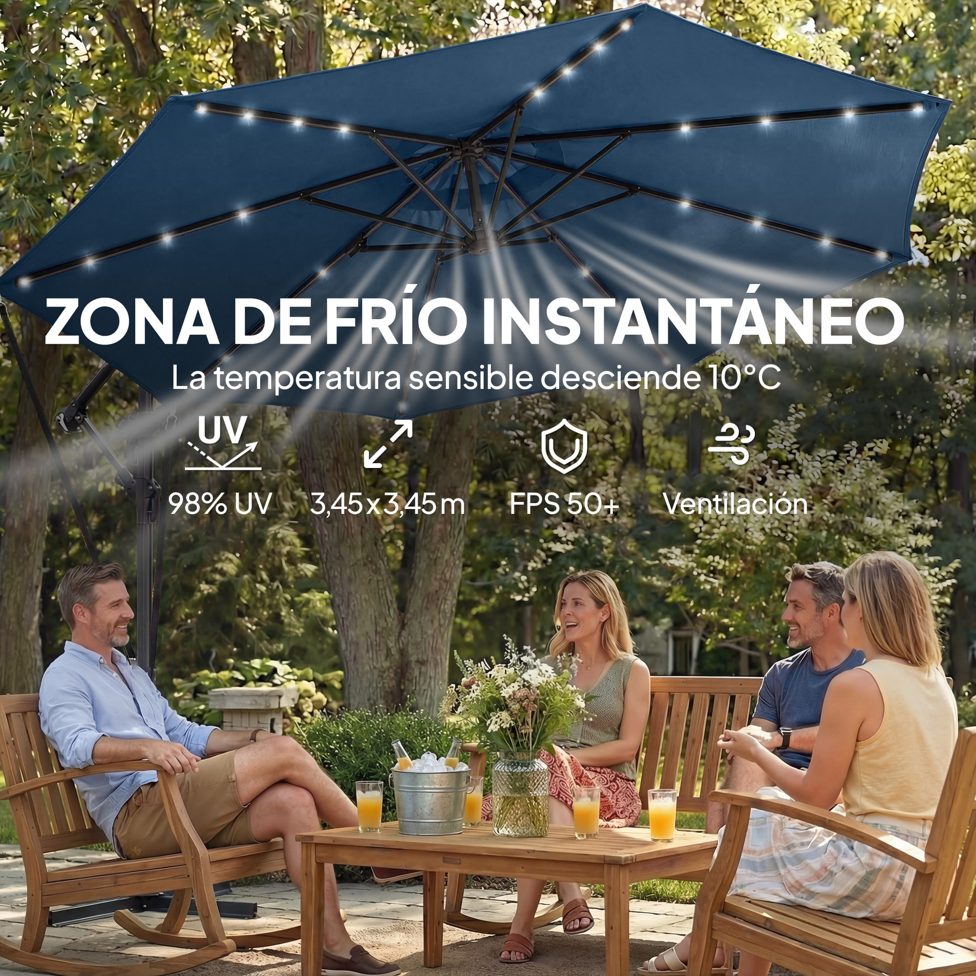 Parasol Excéntrico con Luces LED Solares, Ø345 cm, Sombrilla de Jardín de Aluminio con Base Cruzada, Manivela, Funda Protectora, Cuerdas de Viento, UPF50+, para Terraza, Patio, Azul Marino
