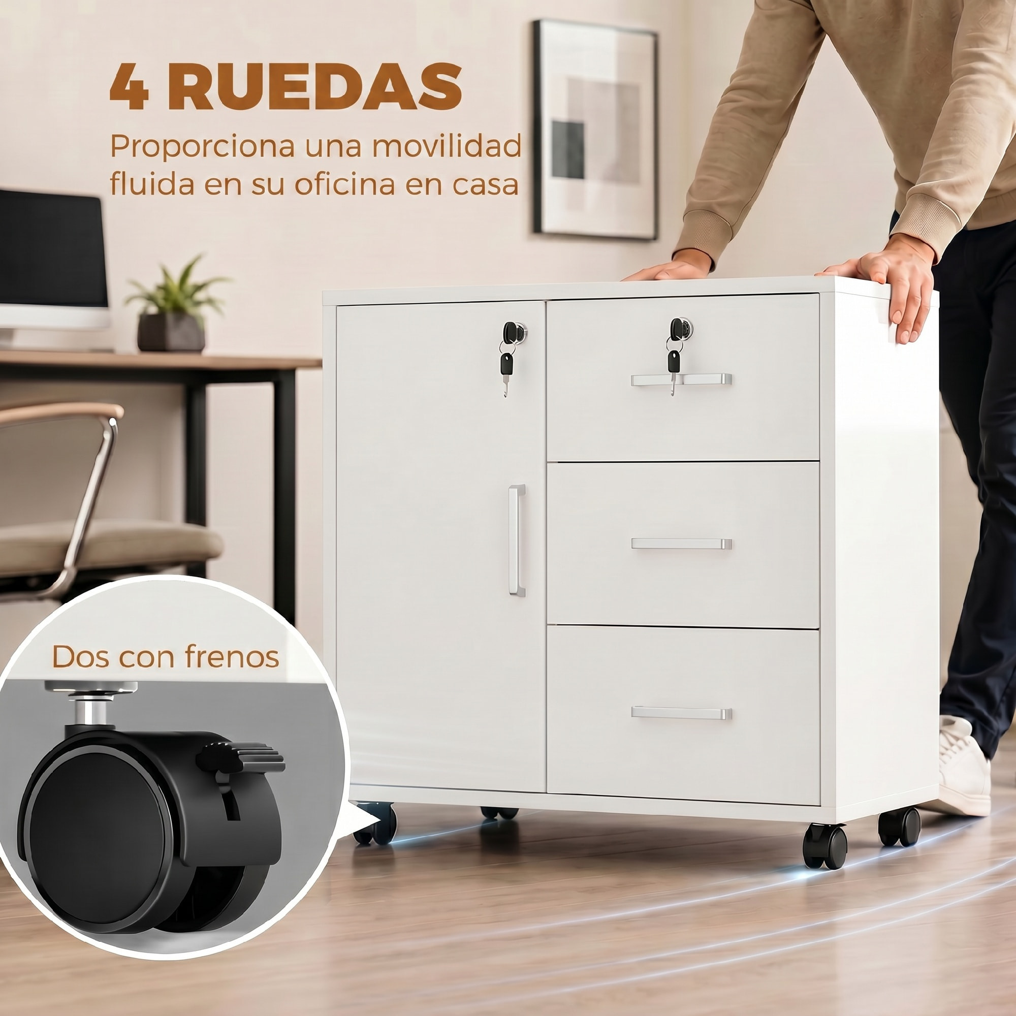 Mueble para Impresora con Ruedas, Mesa para Impresora con Puerta y 3 Cajones, Cerraduras, Estante Ajustable, Archivador Móvil para Oficina en Casa, 60x40x56 cm, Blanco