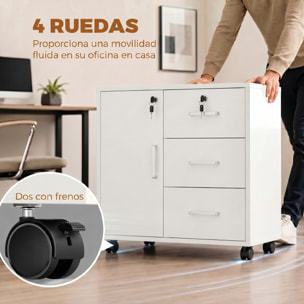 Mueble para Impresora con Ruedas, Mesa para Impresora con Puerta y 3 Cajones, Cerraduras, Estante Ajustable, Archivador Móvil para Oficina en Casa, 60x40x56 cm, Blanco