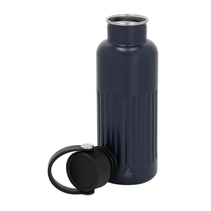 Bidón térmico en Acero Inox Reciclado de doble pared y 500 ml de capacidad. Exterior en acabado biselado mate. Incluye tapón a rosca con asa.