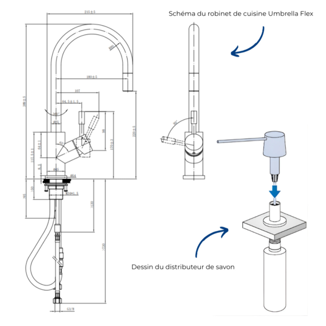 Robinet cuisine Umbrella flex + Distributeur de savon Acier massif