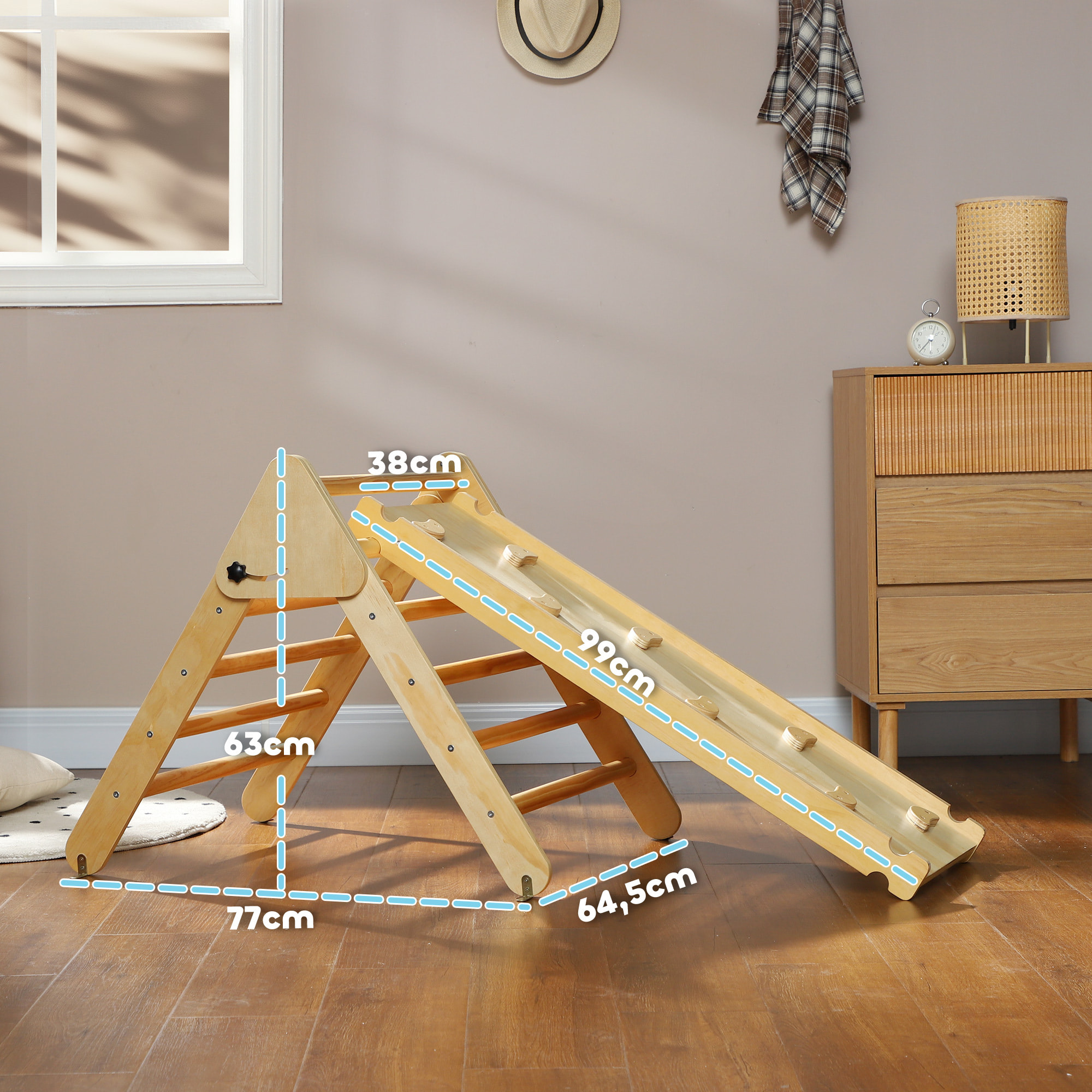 Ensemble d'escalade en bois 3 en 1 - triangle Pikler, toboggan, rampe - panneaux bois pin