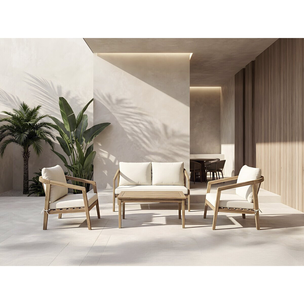 Salon de jardin en bois d'acacia avec coussins "Presley" - 4 places - Beige