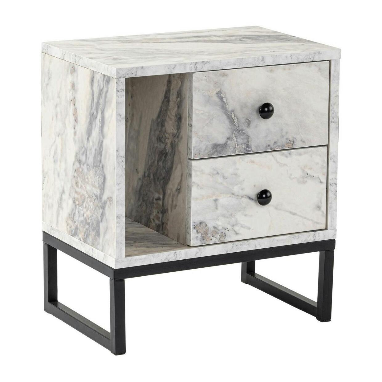 Table de nuit 2 tiroirs 1 niche, effet marbre blanc JENA