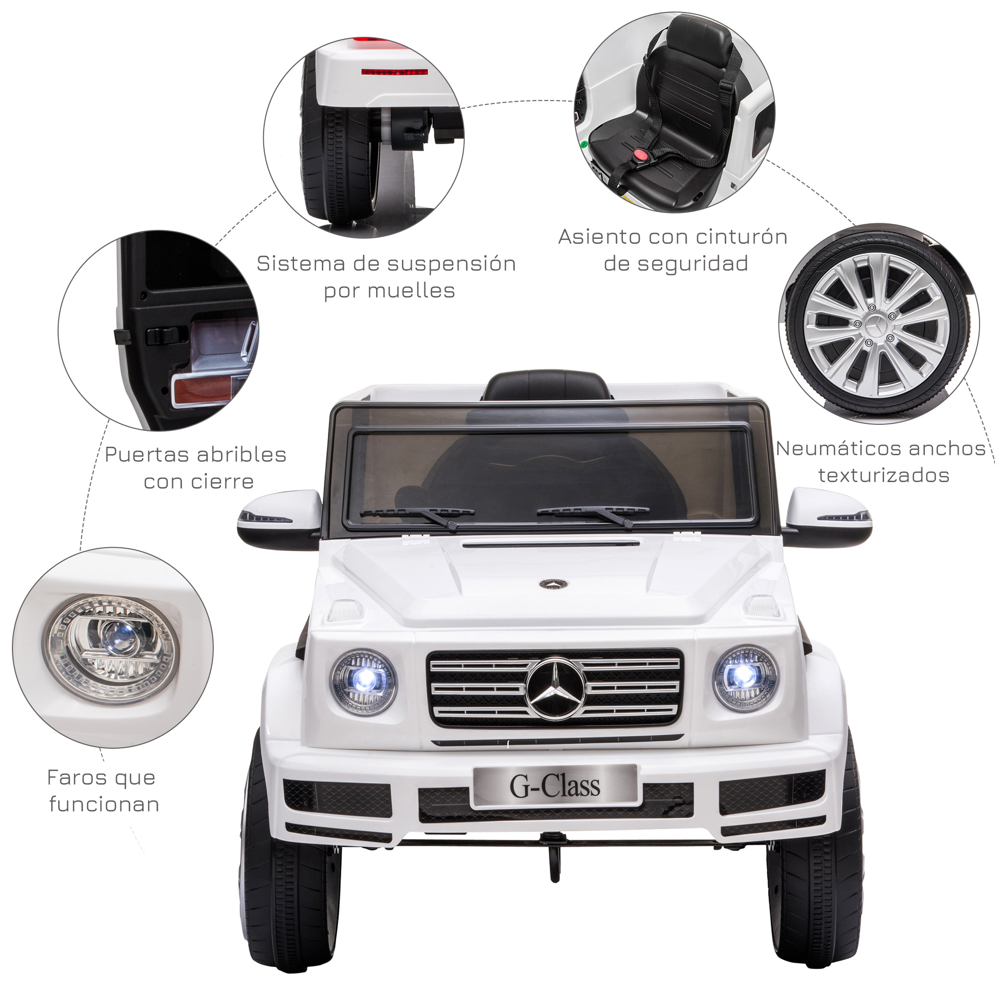 Coche Eléctrico para Niños de +3 Años BENZ G500 Todoterreno de Batería 12 V Vehículo Eléctrico con Control Remoto Música Bocina Velocidad 3-5 km/h Carga 30 kg Blanco