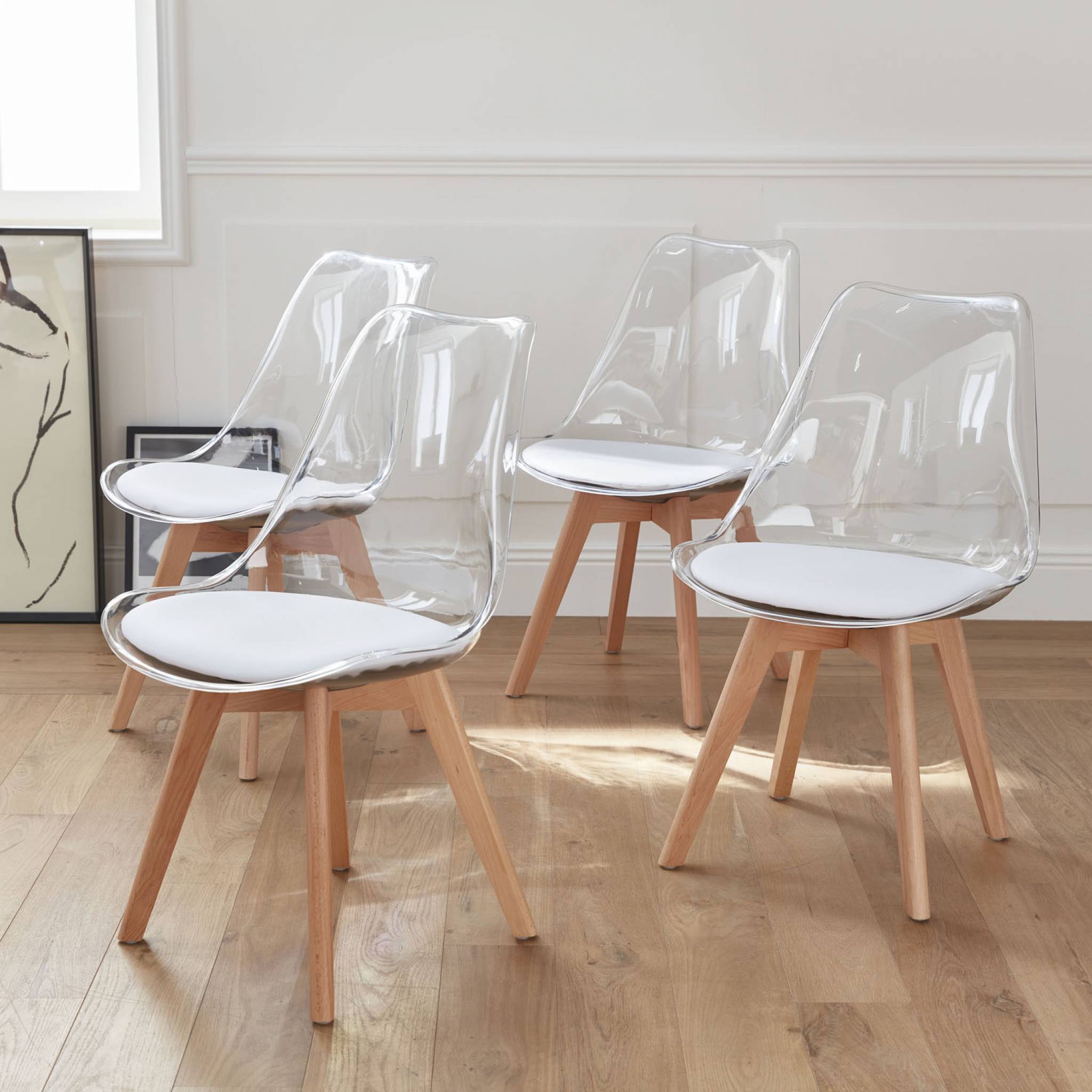 Lot de 4 chaises scandinaves - Lagertha - pieds bois. fauteuils 1 place. coussin blanc. coque transparente