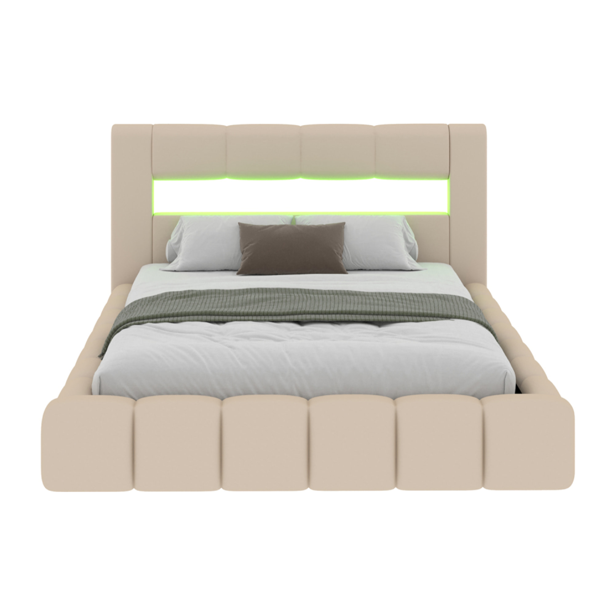 MAKILA Lit nuage coffre LED 160x200cm velours beige avec tête de lit et sommier