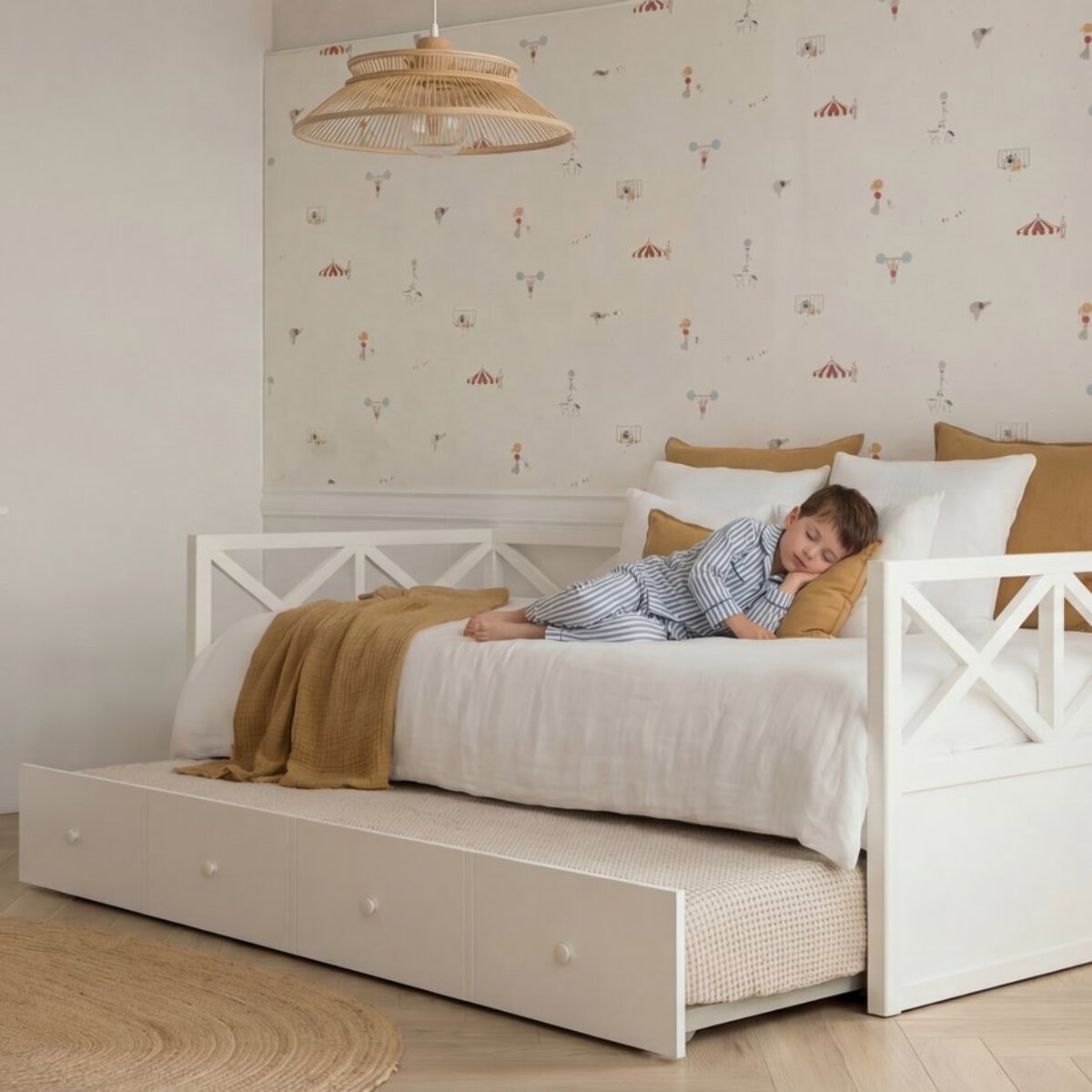 Lit gigogne Niza -bois massif d'araucaria et panneau mdf-couleur laqué blanc mat 210 x 78 x 99 cm