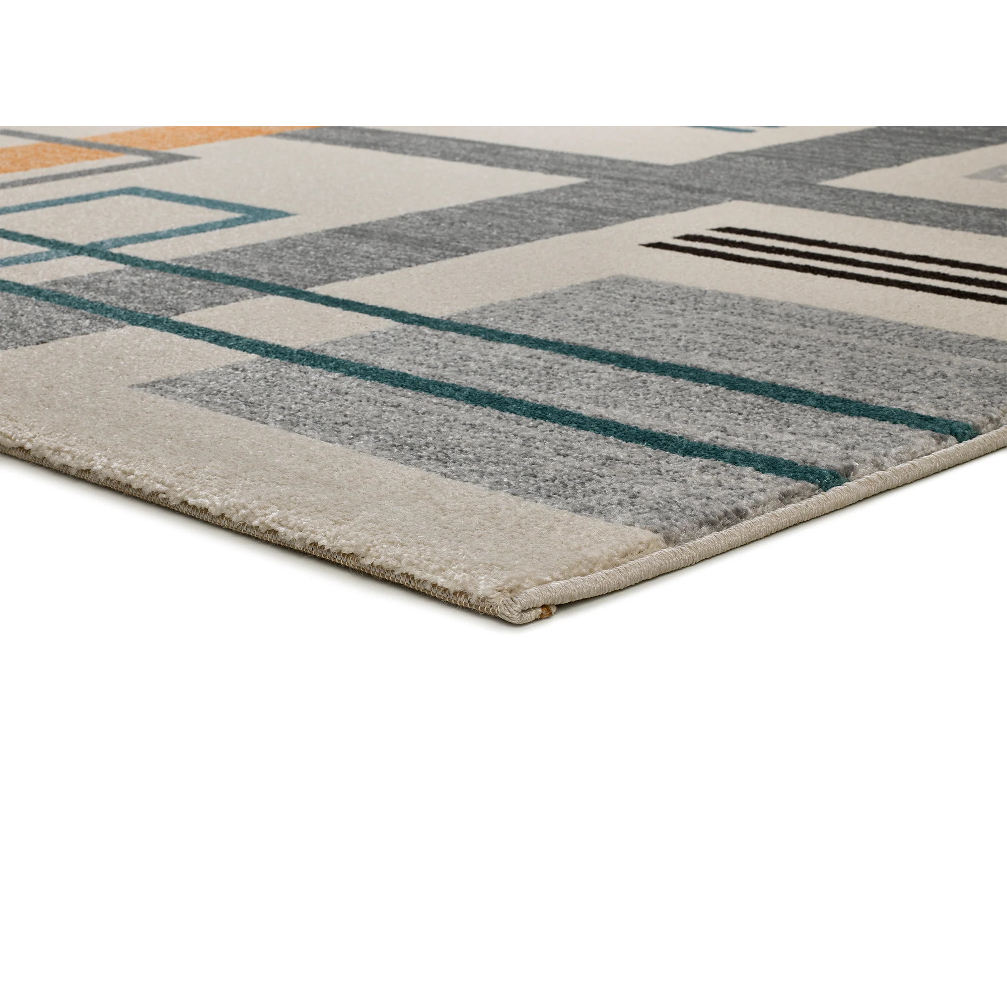 DEBBI Alfombra geomÃ©trica en gris con tonos mostaza y azules, varias medidas disponibles