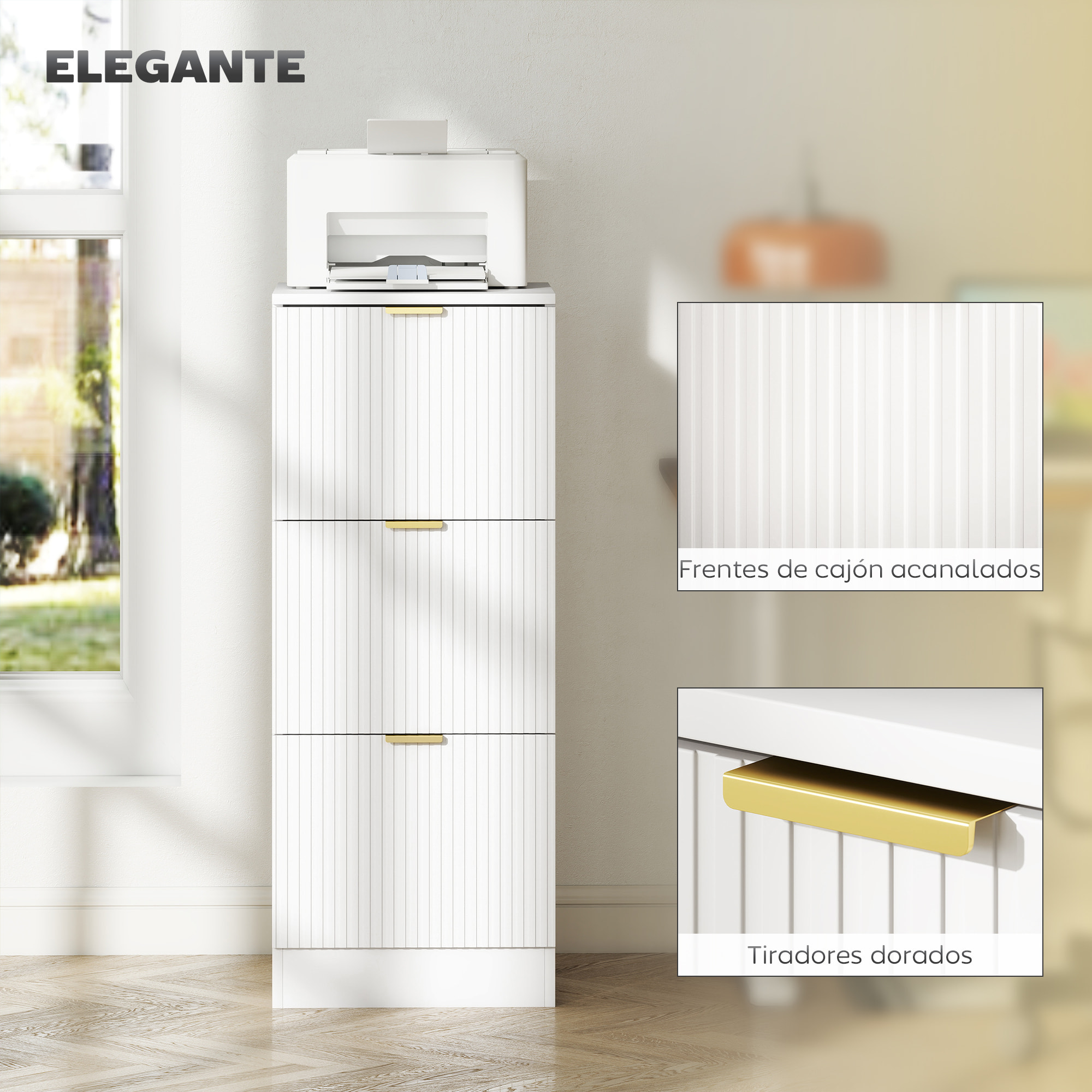 Cajonera de Oficina con 3 Cajones Cajonera de Escritorio con Frentes Acanalados Mueble Archivador para Tamaño A4 o Carta para Estudio 40x40x101 cm Blanco