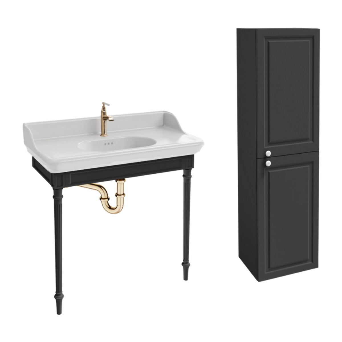 Console Cléo 1889 avec plan vasque + colonne droite + robinet lavabo or + siphon or