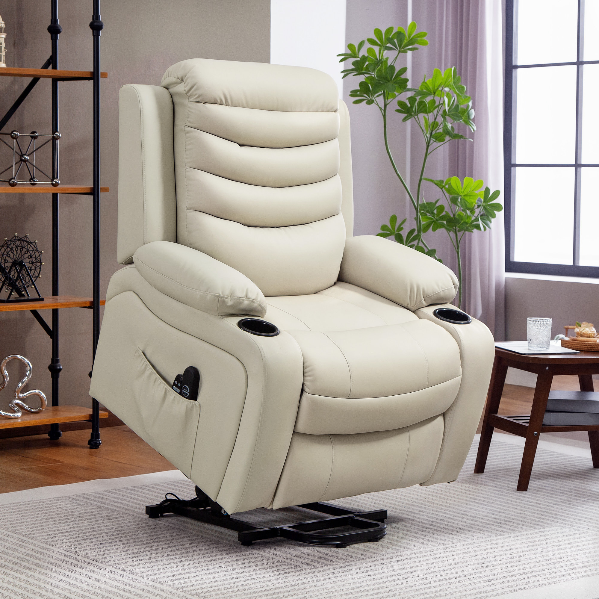 Sillón Relax Reclinable Eléctrico Levanta Personas, con Masaje Vibratorio y Calor, Sillón Elevador, con Puerto USB, Control Remoto, Reposapiés, Tapizado en PU, Bolsillos, Portavasos, Crema