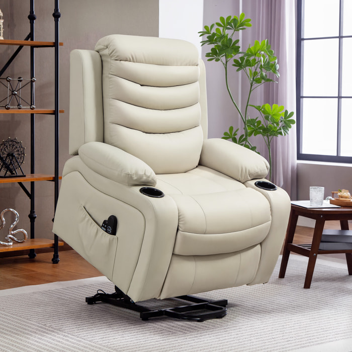 Sillón Relax Reclinable Eléctrico Levanta Personas, con Masaje Vibratorio y Calor, Sillón Elevador, con Puerto USB, Control Remoto, Reposapiés, Tapizado en PU, Bolsillos, Portavasos, Crema