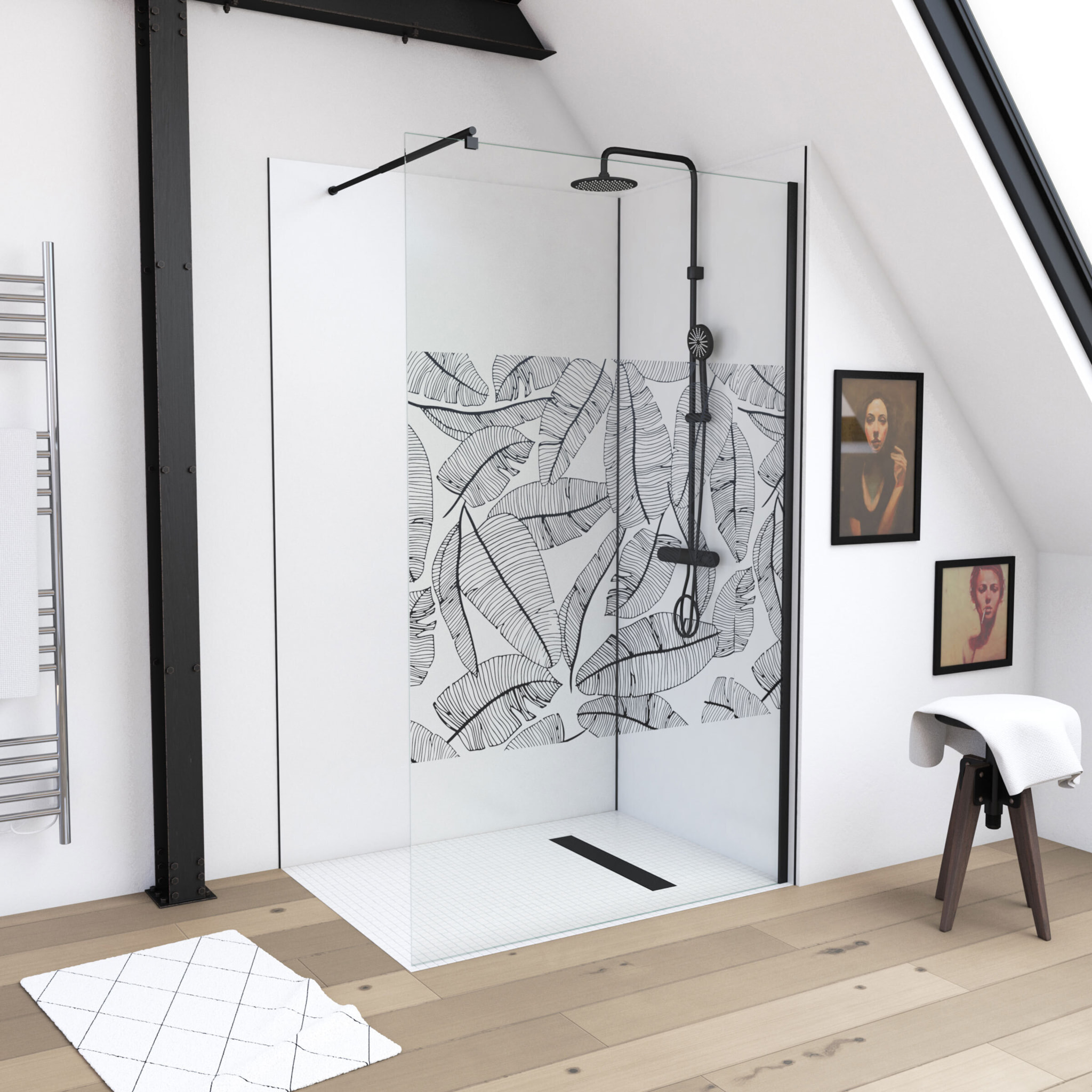 Paroi de Douche 120x195cm Serigraphie Type Jungle - Verre 5mm - Bras de Fixation Redecoupable