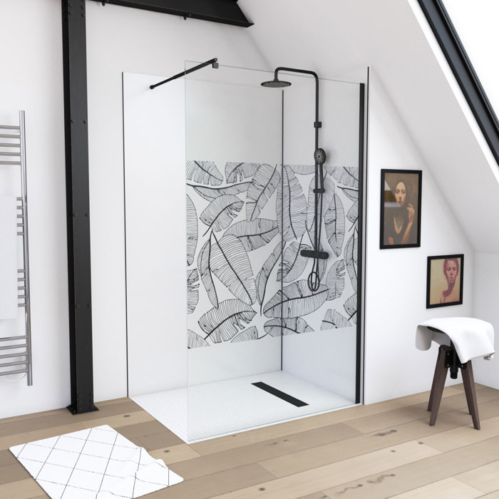 Paroi de Douche 120x195cm Serigraphie Type Jungle - Verre 5mm - Bras de Fixation Redecoupable