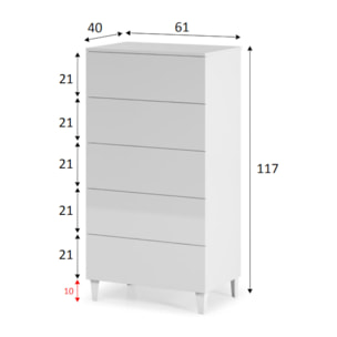 Cassettiera Roseville, Settimanale a 5 cassetti, Mobile Comò per camera da letto, Settimanale moderno, cm 61x40h117, Bianco