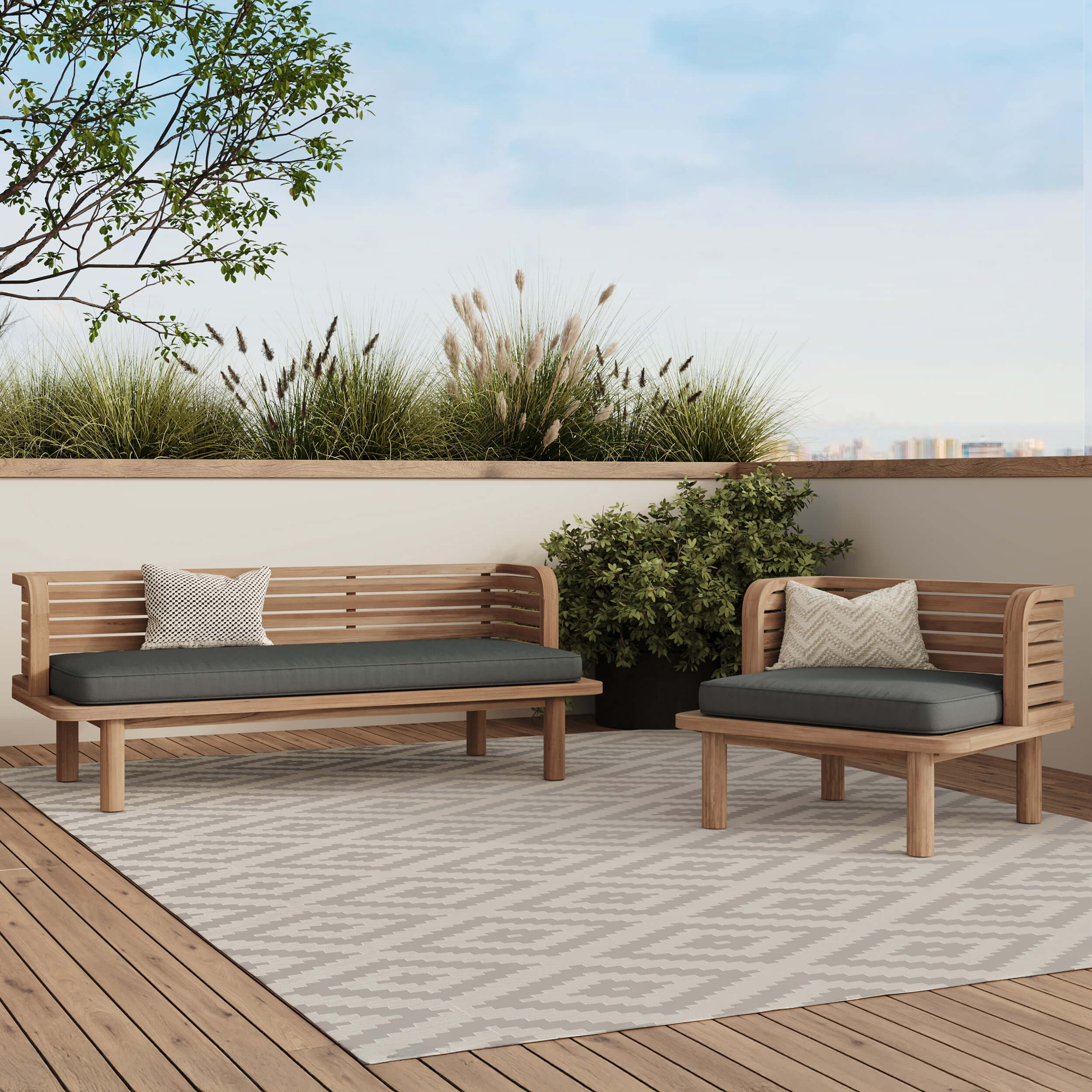 Canapé et fauteuil de jardin 3 places en teck massif, tissu gris - Kilda