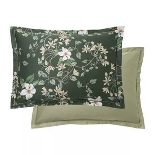 Taie d'oreiller satin de coton imprimé vert Gardenias mousse