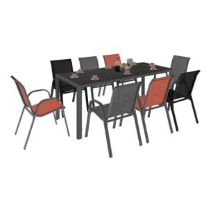 Ensemble repas Minorca 8 places en textilène et verre trempé gris, noir et terracotta