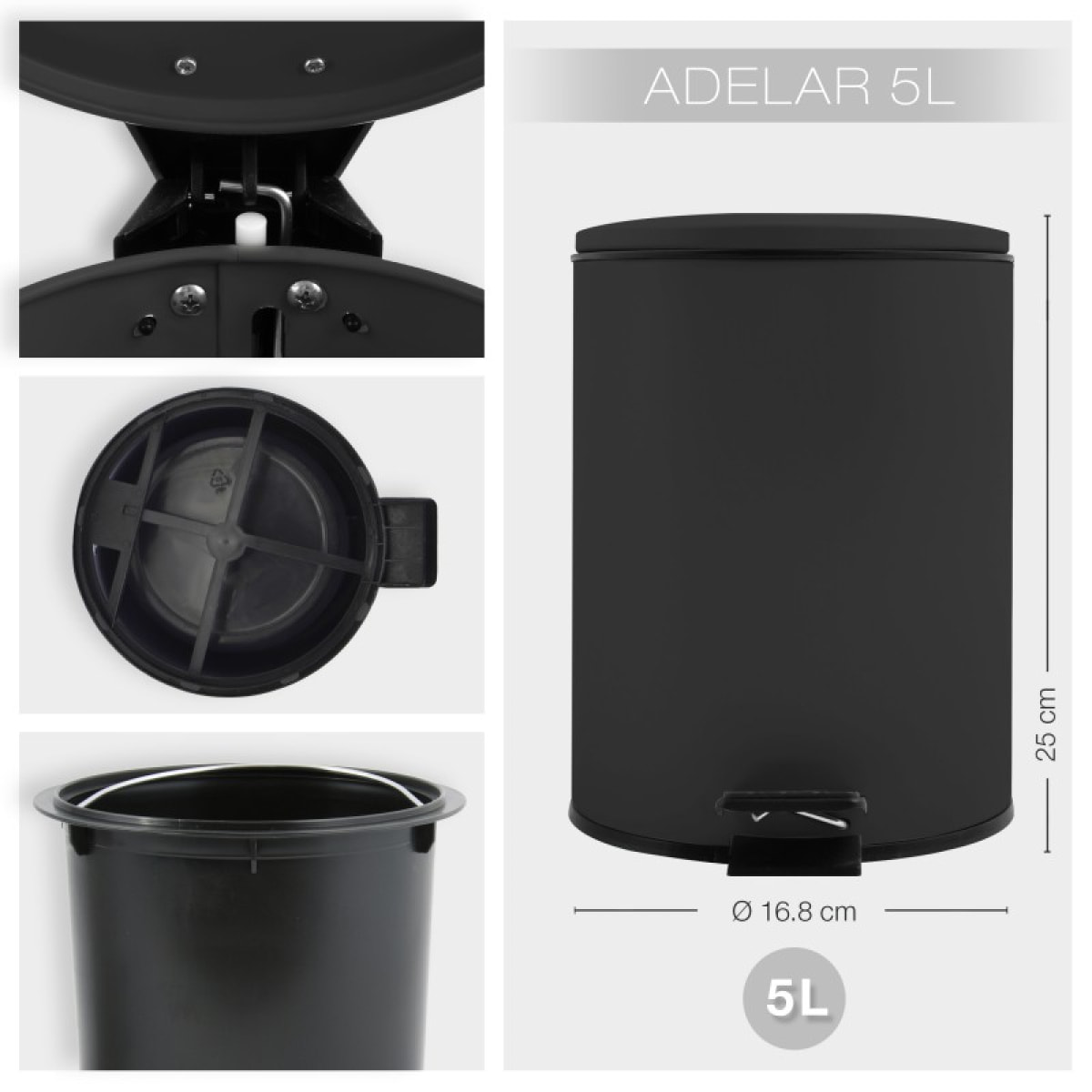 Poubelle à pédale Acier ADELAR 5L Noir mat Spirella