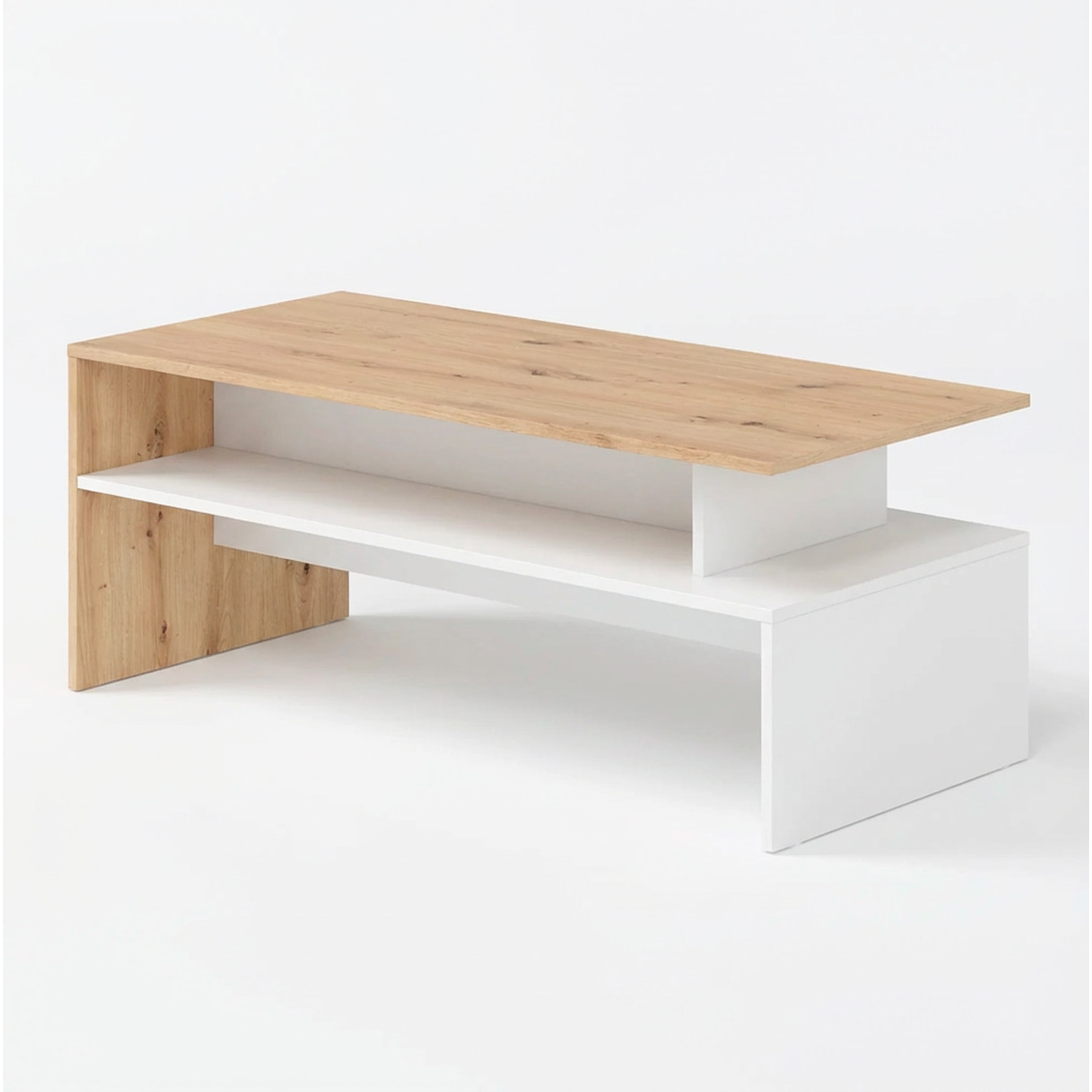 Tavolino Da Caffè Soggiorno Moderno Con Ripiano E Vani A Giorno Design Elegante E Funzionale 108 x 50 x 43 cm Bianco Opaco E Quercia