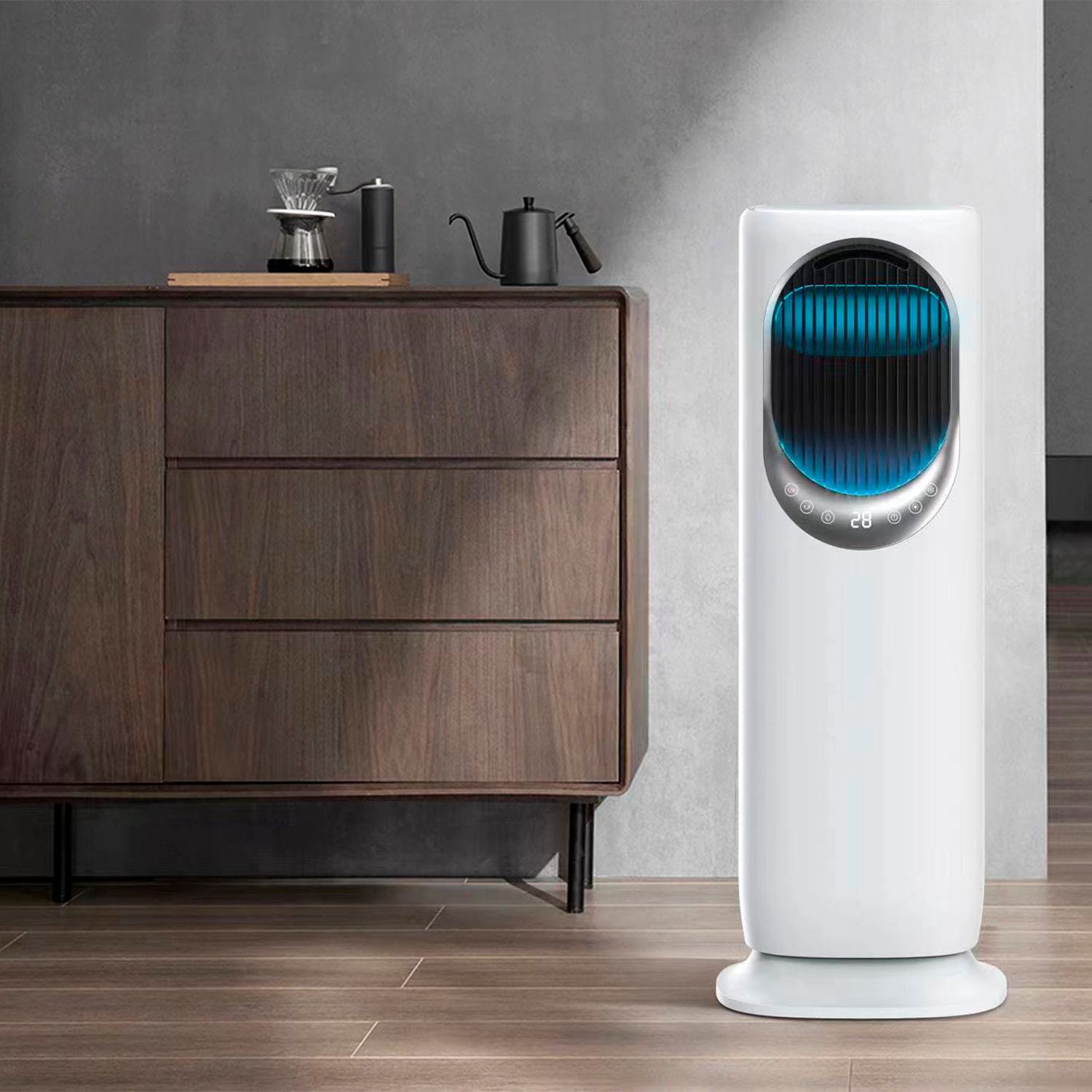 Condizionatore d'aria multifunzione, umidificatore e purificatore d'aria senza lame, riscaldamento e raffreddamento 60W/1800W caldo/freddo. Touch screen e telecomando. Rotazione di 120º. Serbatoio dell'acqua da 4 l.