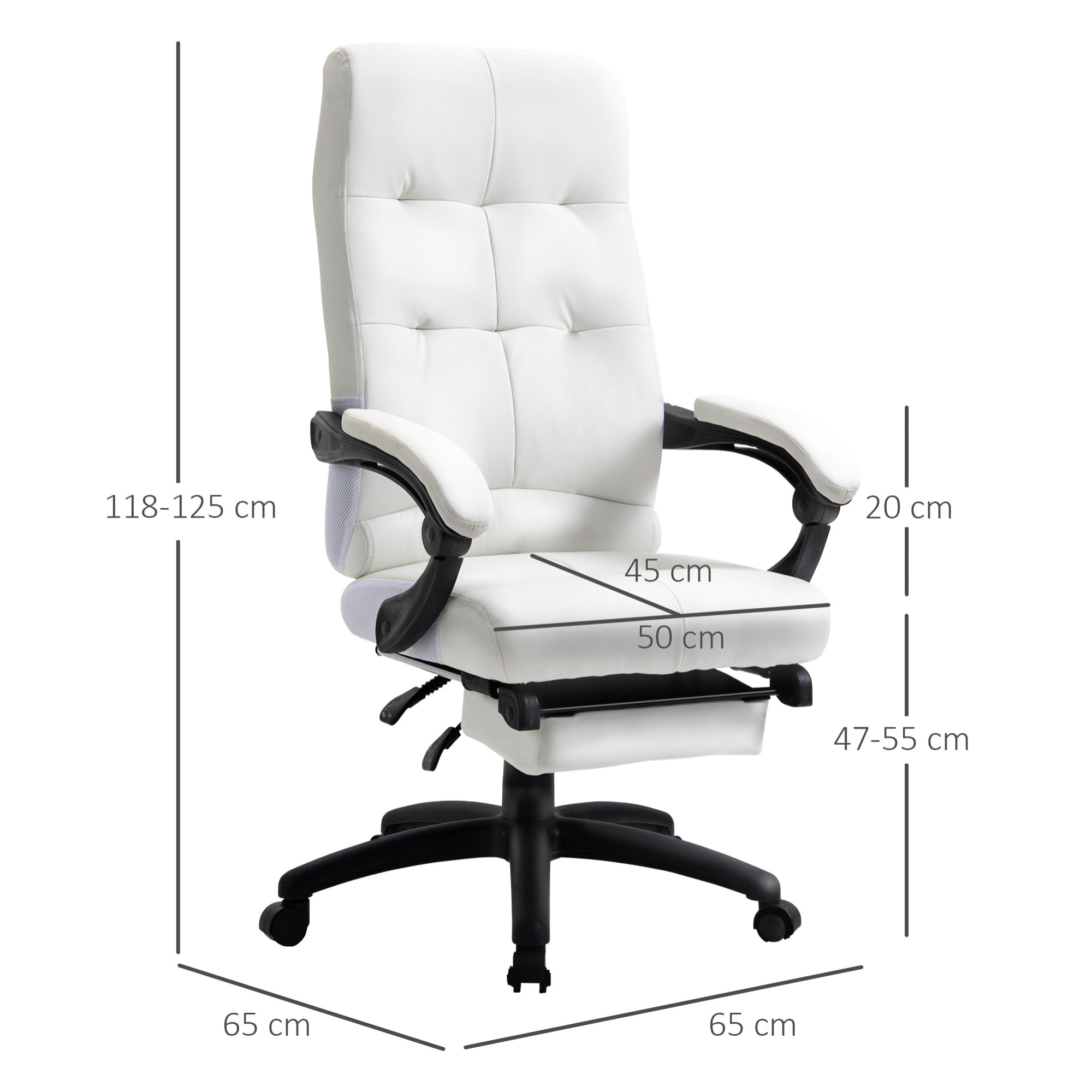 Vinsetto Silla de Oficina Ergonómica Silla de Escritorio Giratoria con Altura Ajustable Función de Inclinación Reposabrazos y Reposapiés Piel Sintética 65x65x118-125 cm Blanco