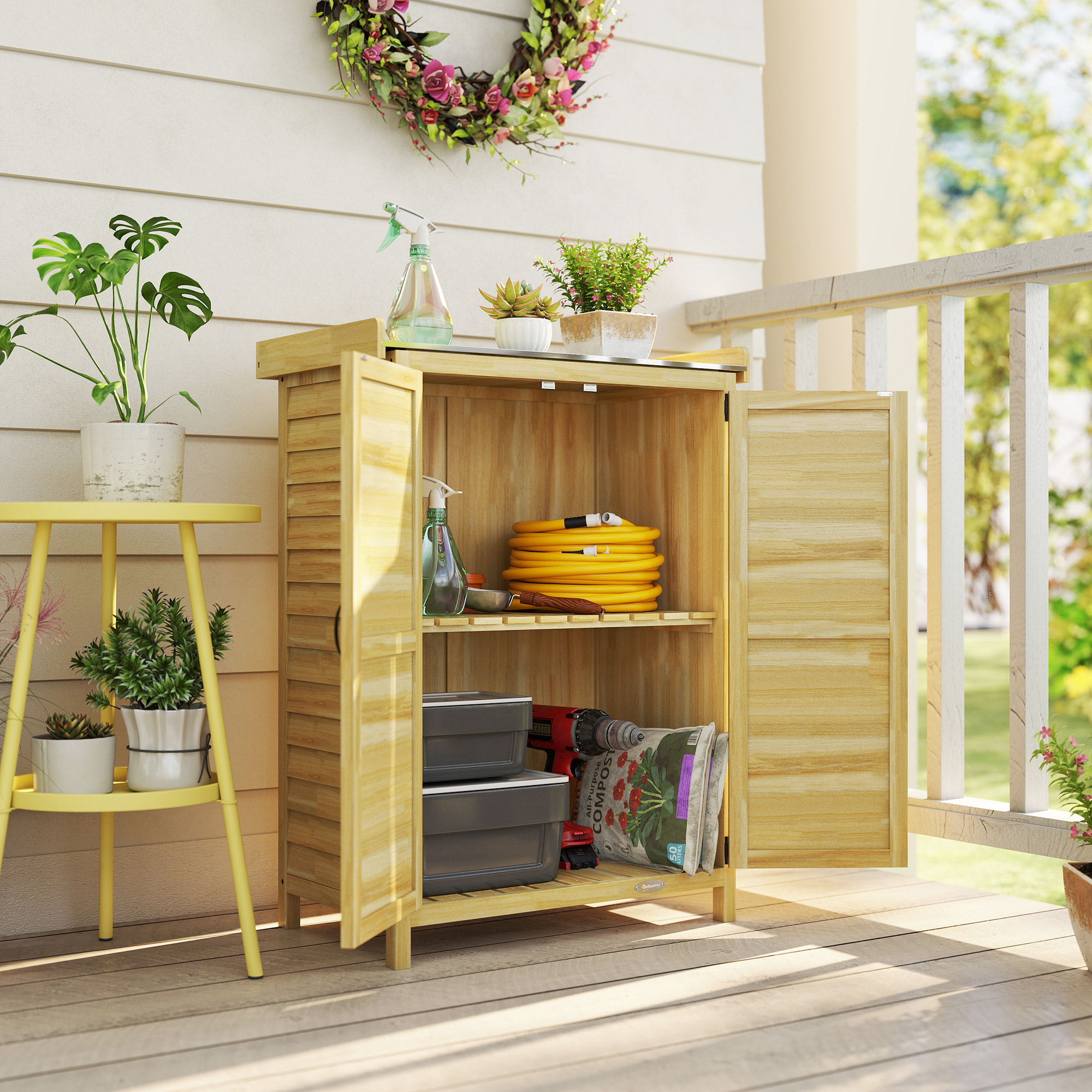 Armario de Exterior de Madera, Caseta de Jardín Exterior con Techo de Metal Galvanizado, Estantes, 2 Puertas, Ganchos, Cobertizo de Jardín para Almacenaje Herramientas, 71,5x39x95 cm, Natural