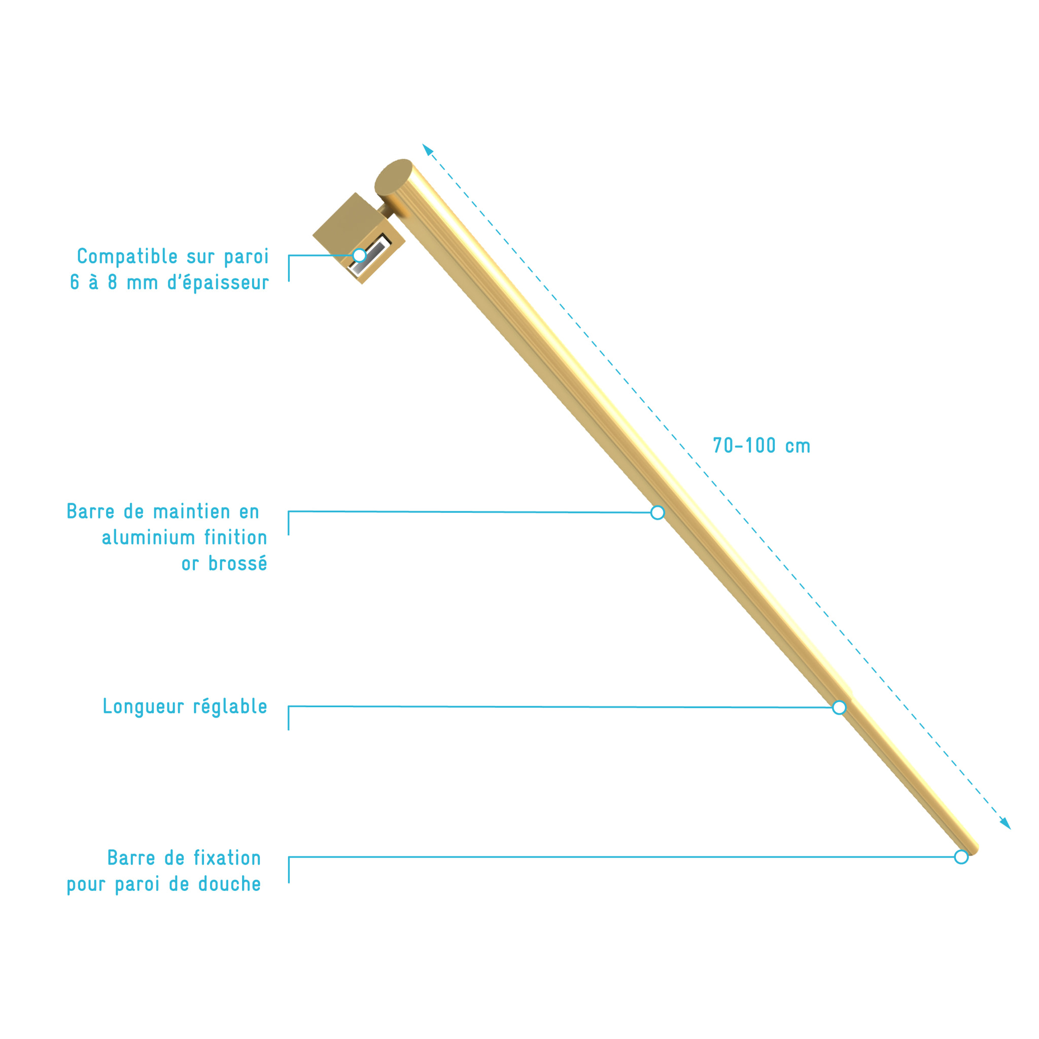 Barre de fixation murale OR DORE BROSSE réglable de 70 à 100cm pour paroi de douche FREEDOM 2 GOLD
