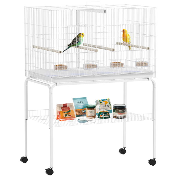 Jaula para Pájaros con Divisor Pajarera con Ruedas 4 Comederos 4 Perchas y Bandeja Extraíble Jaula para Loros Canarios Periquitos 94x57x128 cm Blanco