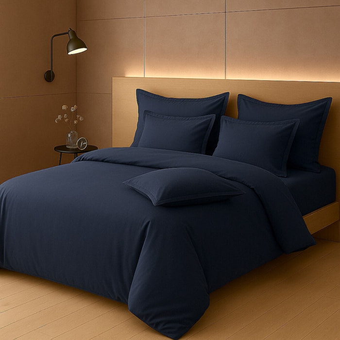 Parure housse de couette percale de coton bleu