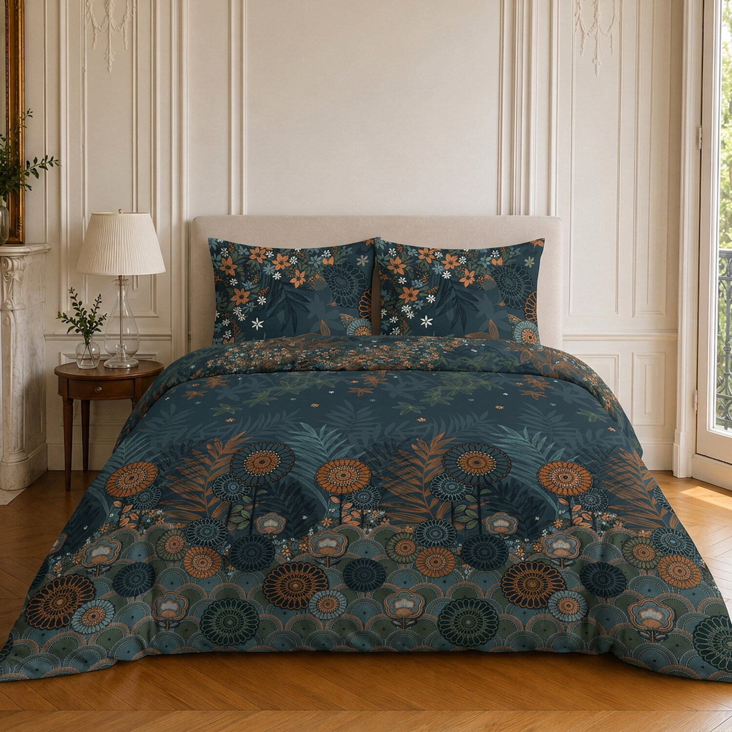 Parure housse de couette 100% microfibre motif floral - FLOWER NIGHT