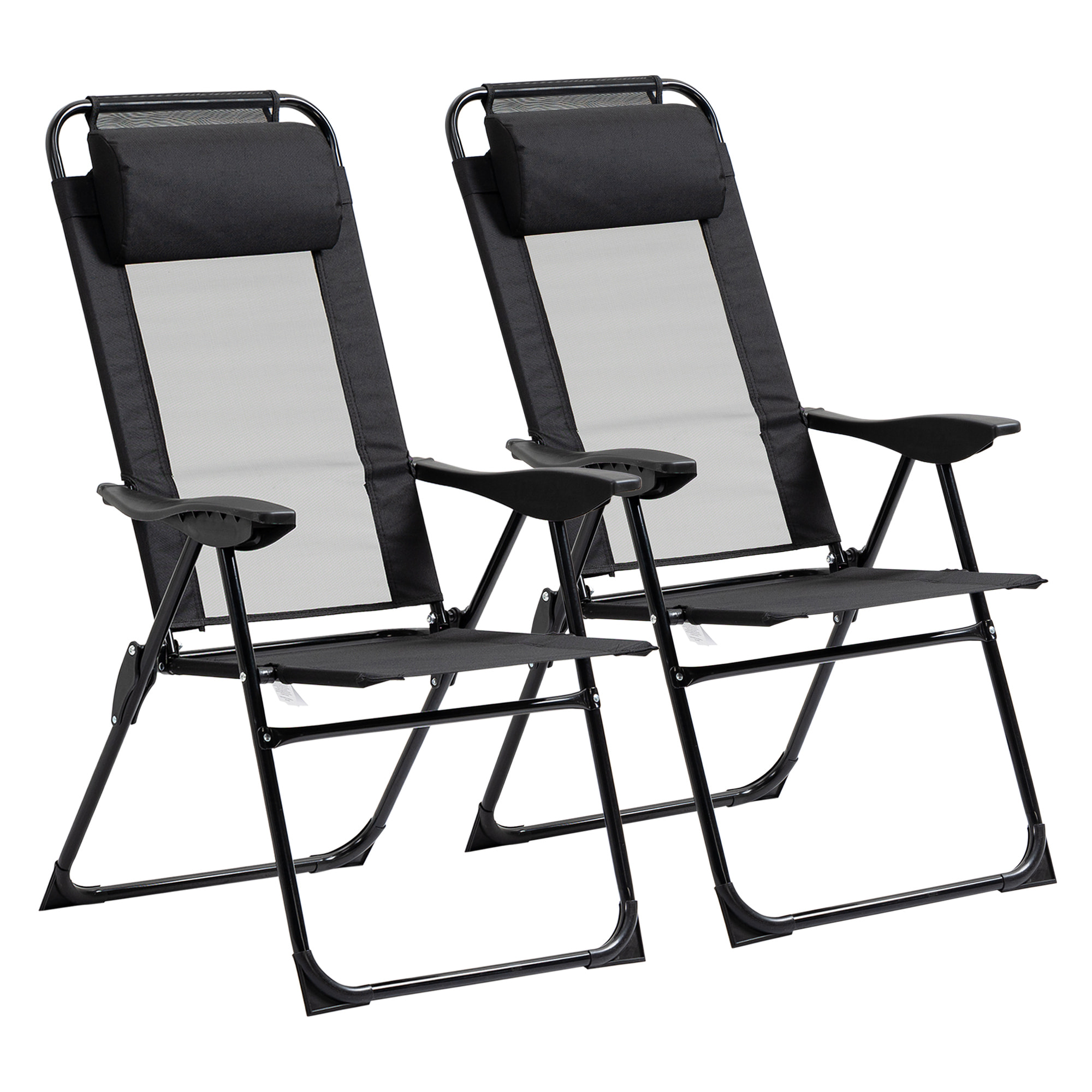 Lot de 2 chaises de jardin camping pliables - dossier inclinable 5 positions - tétière incluse - acier époxy oxford textilène noir