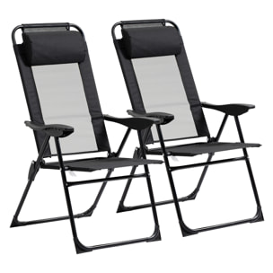 Lot de 2 chaises de jardin camping pliables - dossier inclinable 5 positions - tétière incluse - acier époxy oxford textilène noir