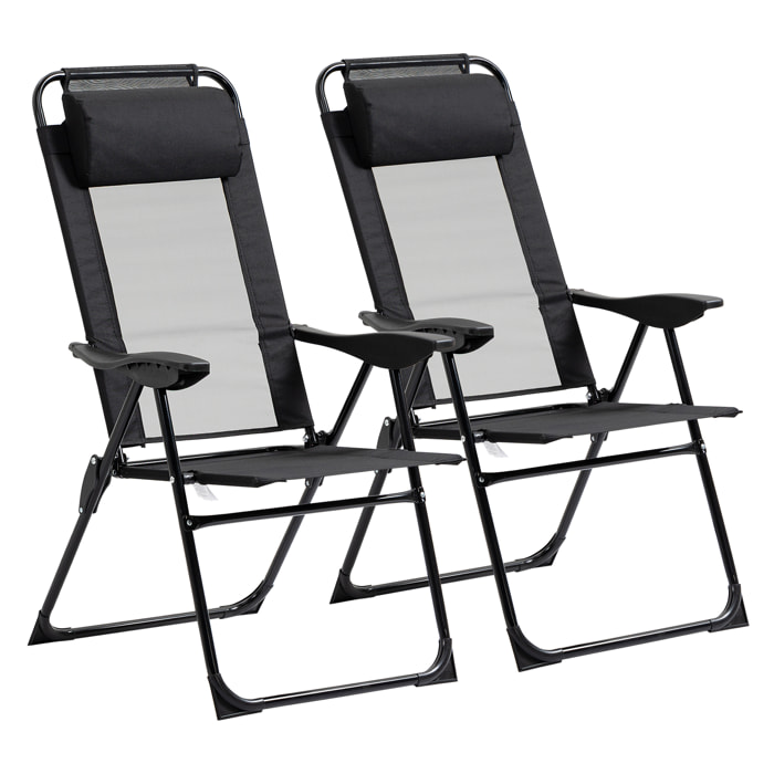 Lot de 2 chaises de jardin camping pliables - dossier inclinable 5 positions - tétière incluse - acier époxy oxford textilène noir