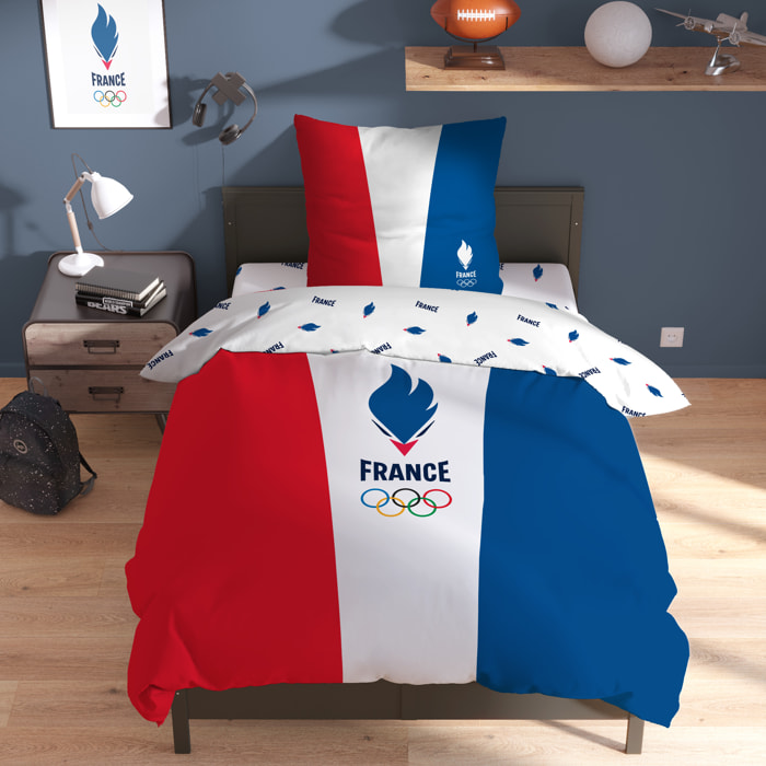 Parure de lit imprimée 100% coton, PARIS 2024 EQUIPE DE FRANCE OLYMPIQUE DRAPEAU