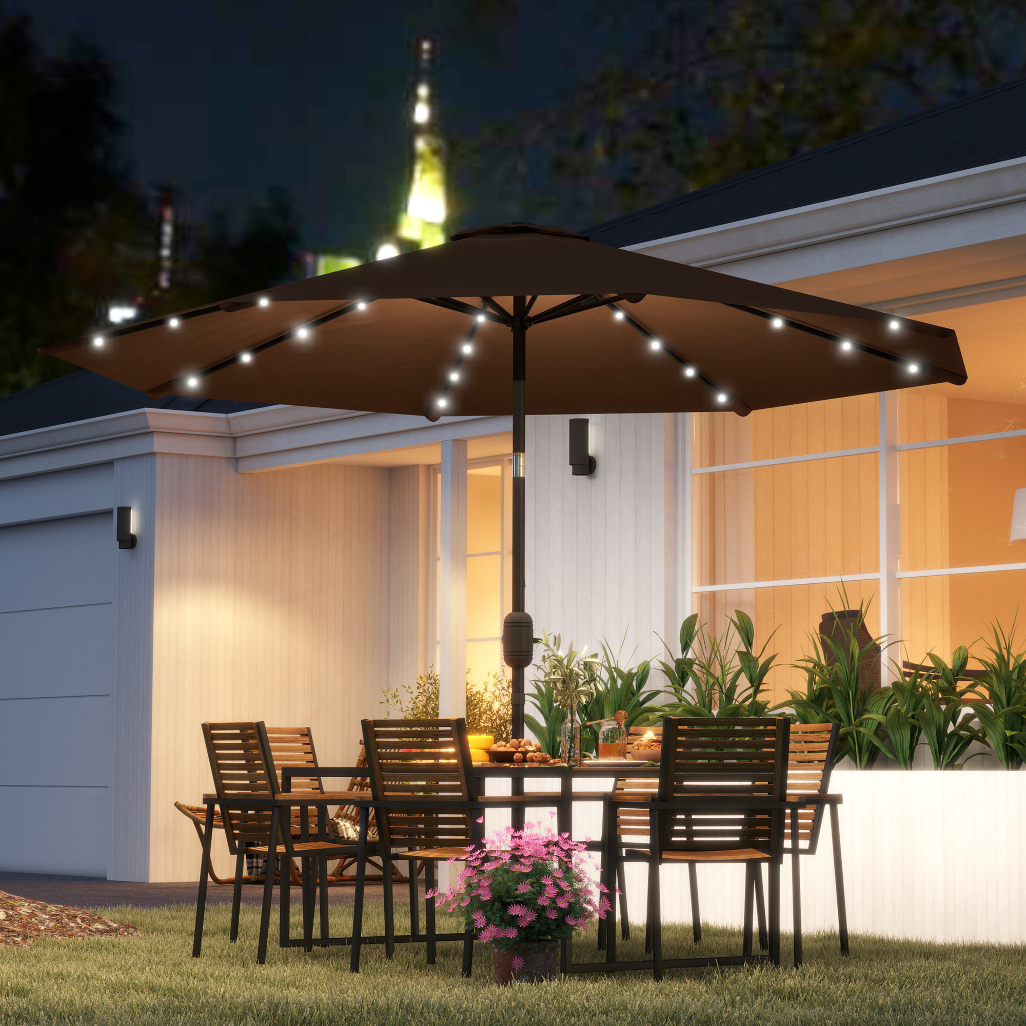 Sombrilla Terraza Exterior Ø265 cm Sombrilla de Jardín con 32 Luces LED Solares Poste de Acero y Manivela Parasol Inclinable para Patio Terraza Marrón