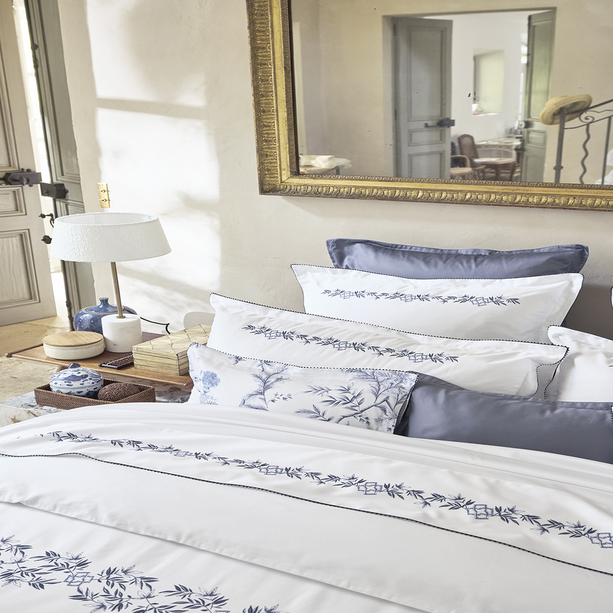 Drap plat imprimé en satin de coton bio, MIRABEAU, Blanc