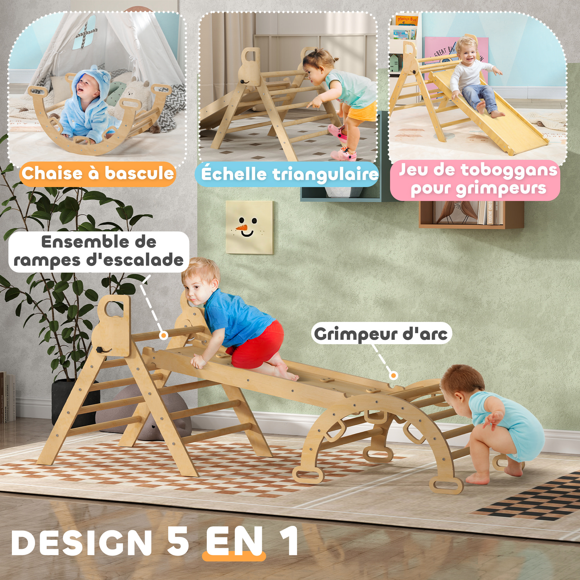 Ensemble d'escalade en bois 5 en 1 - triangle Pikler, arche, bascule, toboggan, rampe - panneaux bois pin