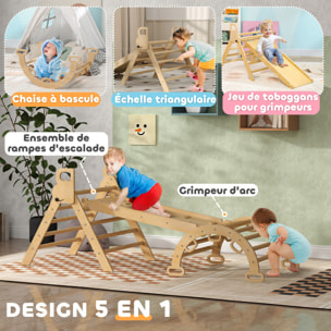 Ensemble d'escalade en bois 5 en 1 - triangle Pikler, arche, bascule, toboggan, rampe - panneaux bois pin