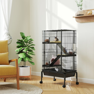 Jaula para Animales Pequeños de 4 Niveles Jaula para Roedores con Ruedas Rampas Cuenco Botella de Agua y Bandeja Extraíble Recinto para Conejos Chinchillas Hurones Cobayo 69x44x120 cm Negro