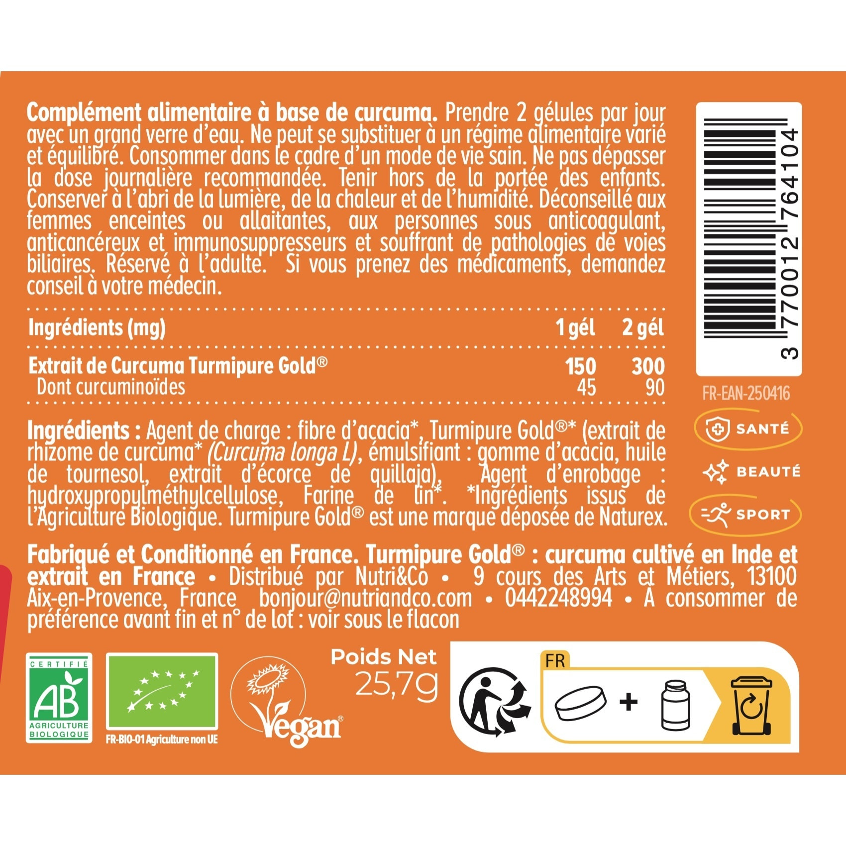 Nutri&Co Curcuma Bio Breveté Haute Absorption pour Articulations - 60 gélules Vegan