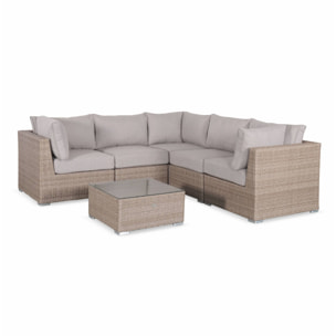 Salon de jardin Premium en résine tressée arrondie – VITTORIA – Résine naturelle style osier. coussins beiges – 5 places. haut de gamme