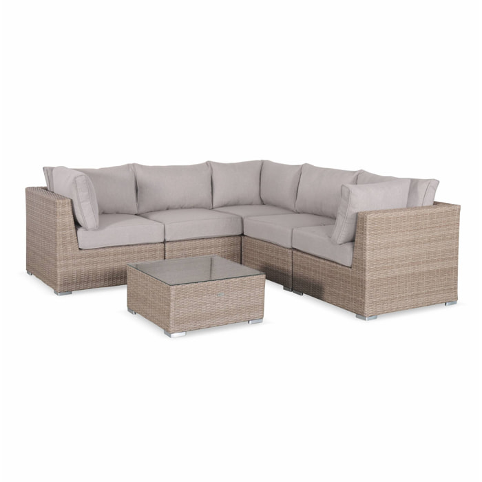 Salon de jardin Premium en résine tressée arrondie – VITTORIA – Résine naturelle style osier. coussins beiges – 5 places. haut de gamme