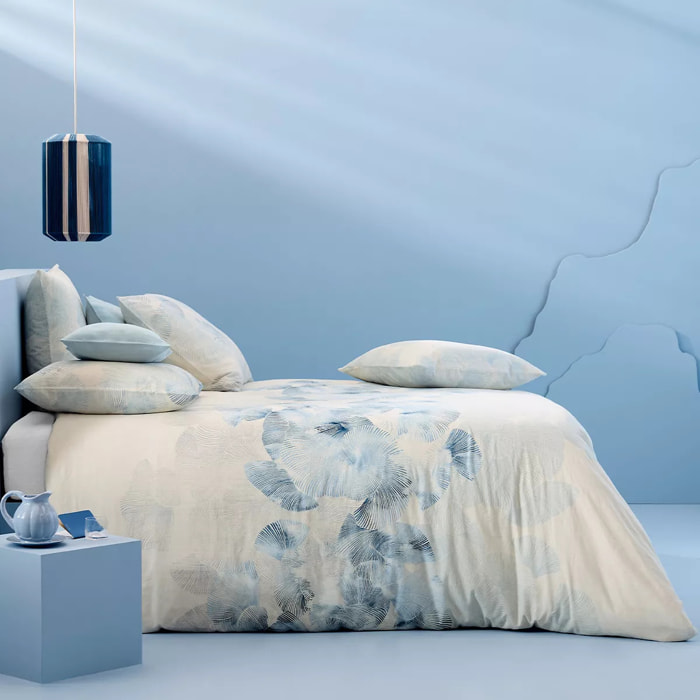 Housse de couette lin & coton lavé 130 g/m² imprimé bleu beige Vagues indigo